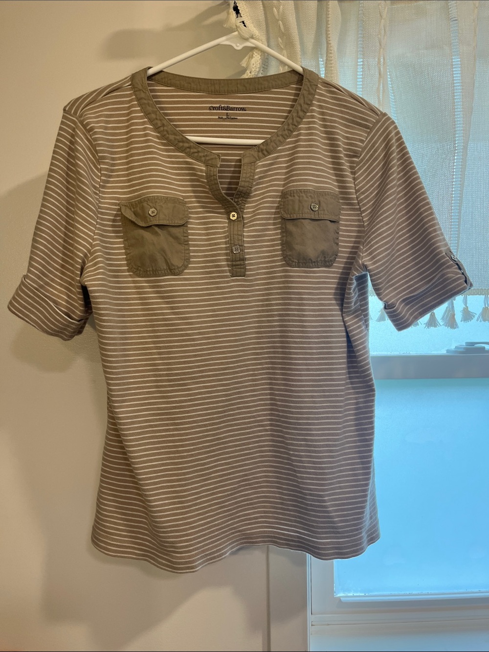 Croft and Barrow Taupe and White Striped Short Sleeve Top